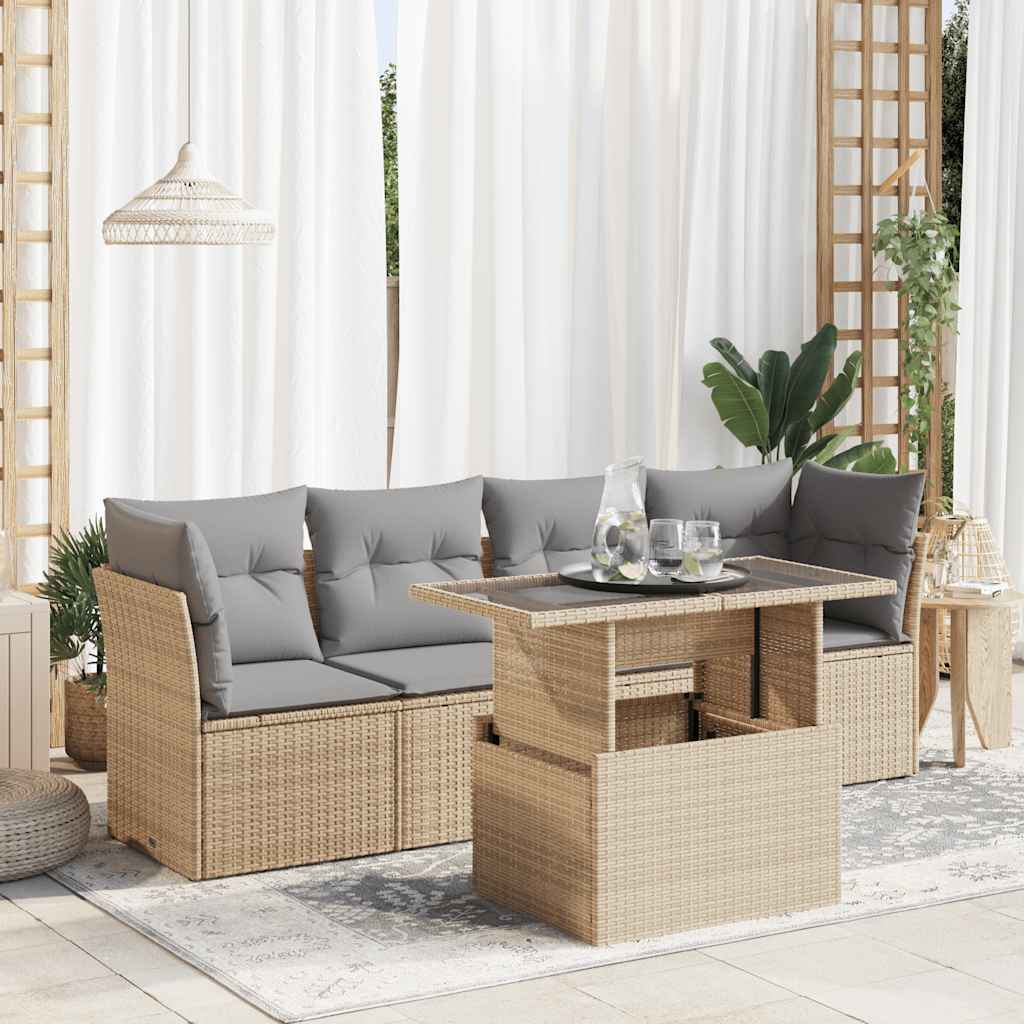5 Piece Garden Sofa Set With Cushions Poly Rattan