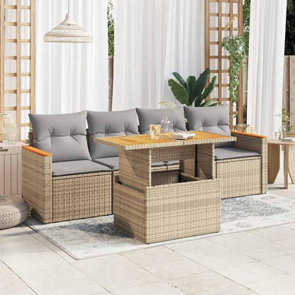 5 Piece Garden Sofa Set With Cushions Poly Rattan Acacia
