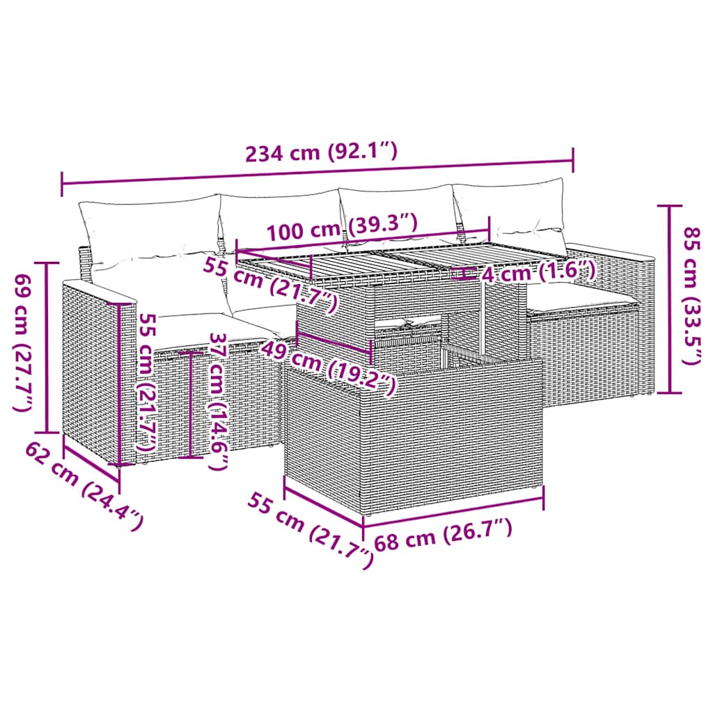 5 Piece Garden Sofa Set With Cushions Poly Rattan Acacia