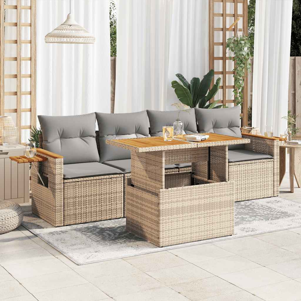 5 Piece Garden Sofa Set With Cushions Poly Rattan Acacia