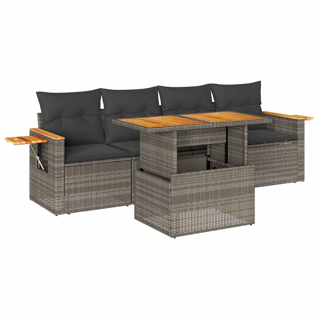 5 Piece Garden Sofa Set With Cushions Poly Rattan Acacia