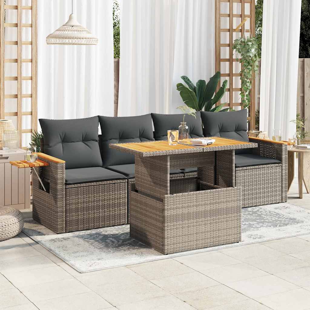 5 Piece Garden Sofa Set With Cushions Poly Rattan Acacia