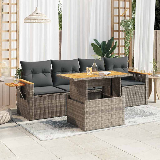 5 Piece Garden Sofa Set With Cushions Poly Rattan Acacia