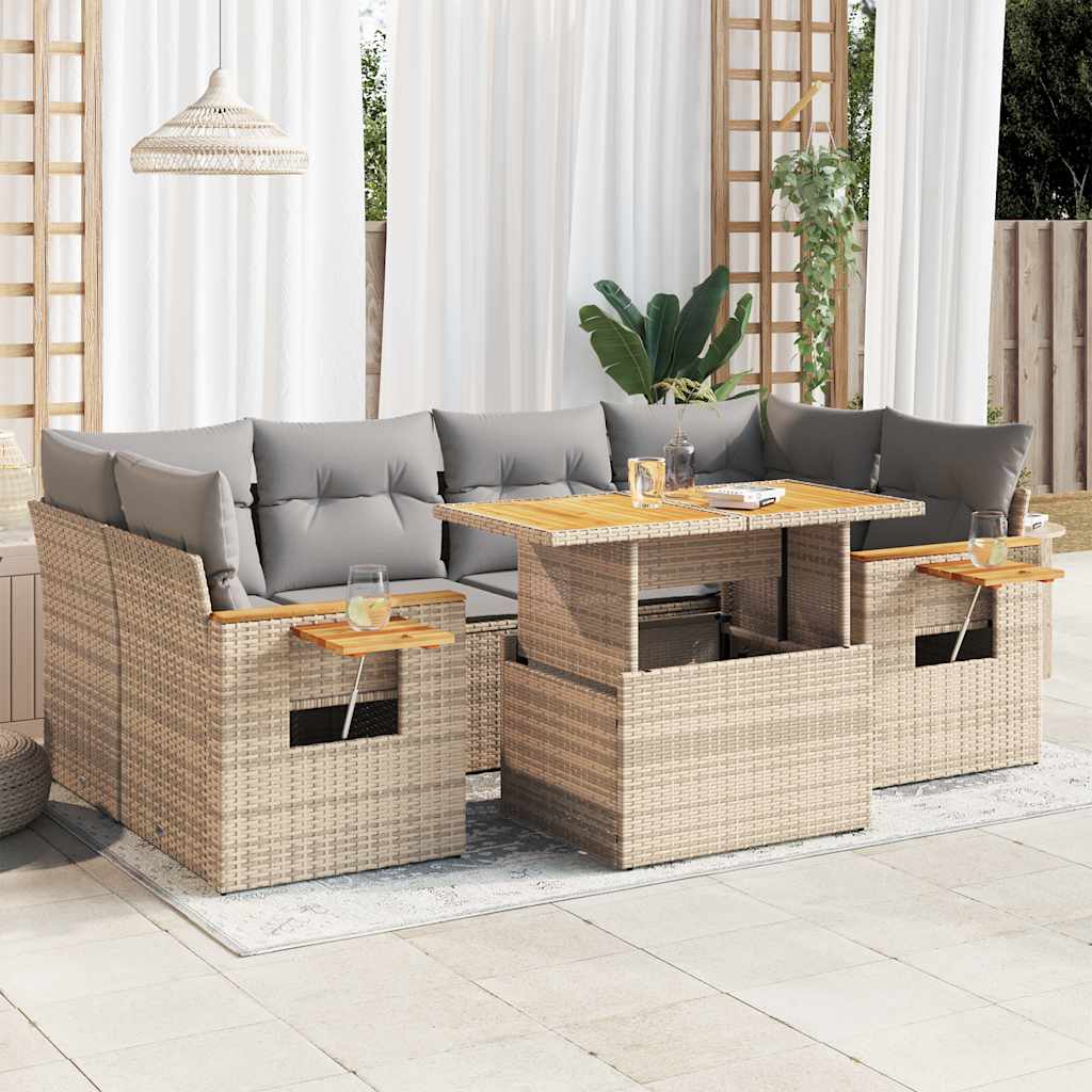7 Piece Garden Sofa Set With Cushions Poly Rattan Acacia
