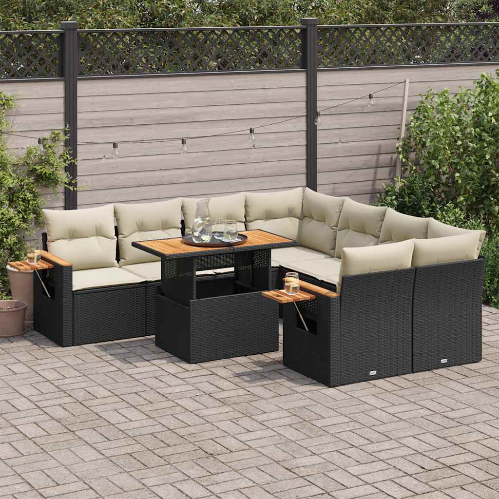 9 Piece Garden Sofa Set With Cushions Poly Rattan Acacia