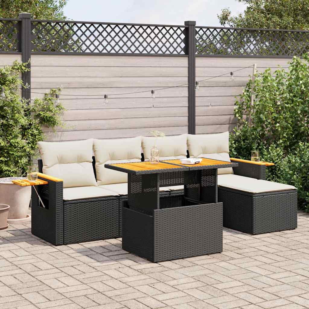 6 Piece Garden Sofa Set With Cushions Black Poly Rattan Acacia