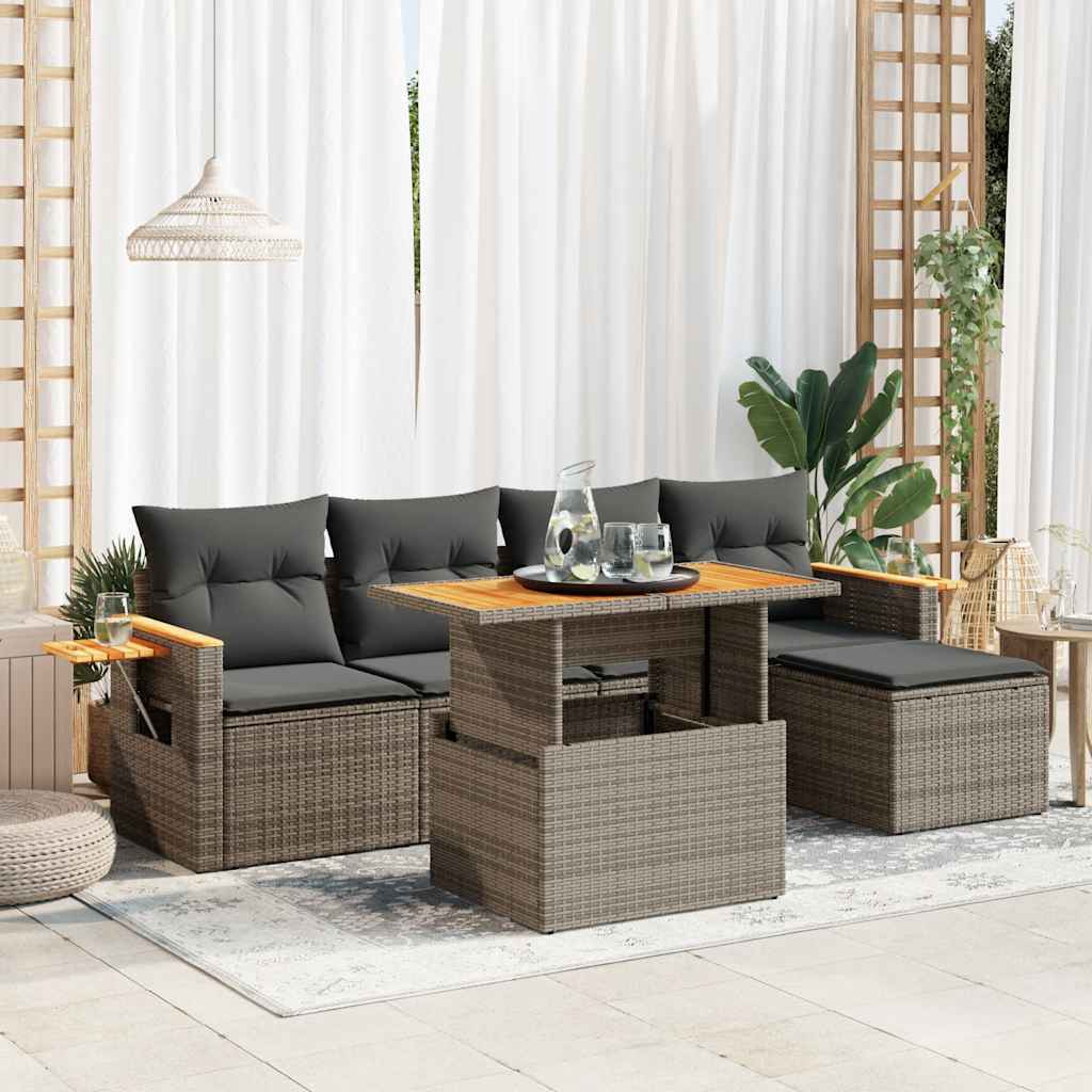 6 Piece Garden Sofa Set With Cushions Black Poly Rattan Acacia