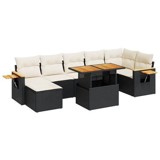 8 Piece Garden Sofa Set With Cushions Black Poly Rattan Acacia