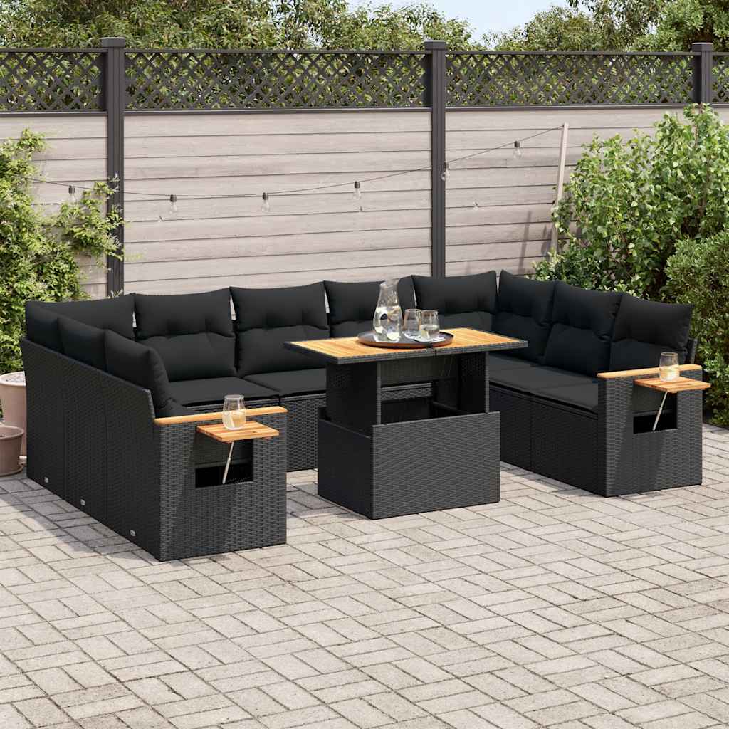 10 Piece Garden Sofa Set With Cushions Poly Rattan Acacia