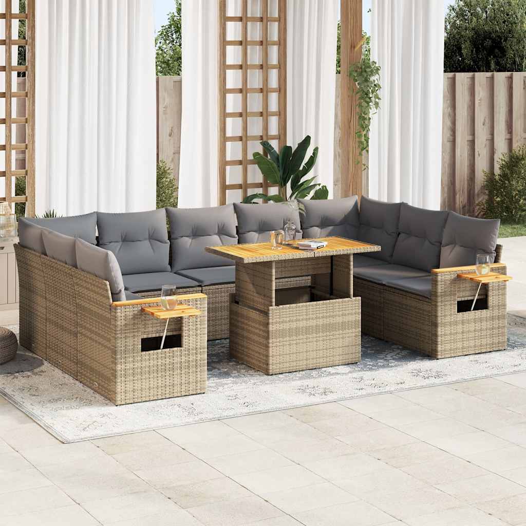 10 Piece Garden Sofa Set With Cushions Poly Rattan Acacia