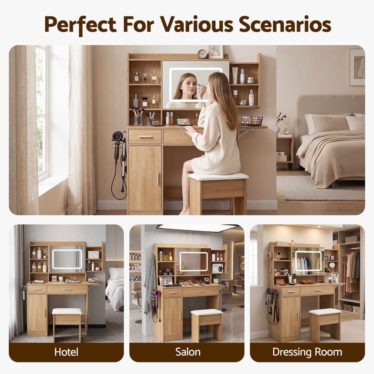Artiss Dressing Table Vanity Desk Set Stool LED Charging Station Wood