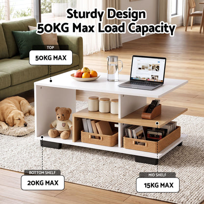 Artiss Coffee Table 90cm Center Table 3 Tier Open Storage Shelf Modern Living Room White & Wood