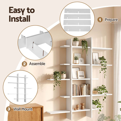Artiss 15-Section Wall Mounted Display Shelf, Floating Bookshelf for Books and Decor, Extra Thick E1 PB Board for Home Study and Living Room, 116 x 18 x 129 cm