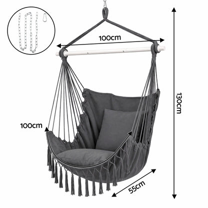 Gardeon Hammock Chair Camping Macrame Hanging Swing Cushions Metal Bar Grey