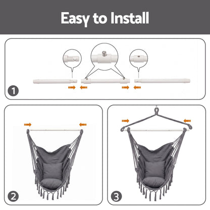 Gardeon Hammock Chair Camping Macrame Hanging Swing Cushions Metal Bar Grey