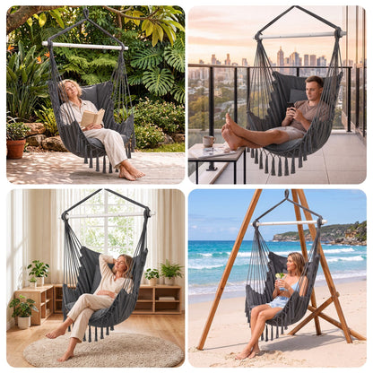 Gardeon Hammock Chair Camping Macrame Hanging Swing Cushions Metal Bar Grey