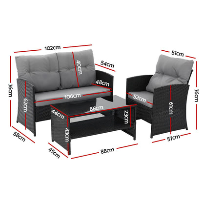 Gardeon 4-Piece Outdoor Sofa Set Coffee Table Chair Rattan Furniture Black