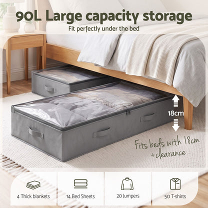 Artiss Under Bed Storage Containers X2 90L Boxes Organiser Clear Top Fabric Grey