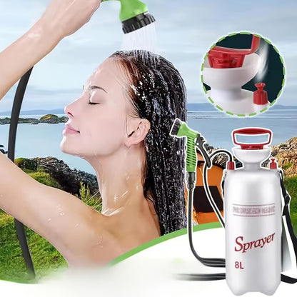 White Silver Gold portable camping shower, outdoor shower sprayer, 8L camping shower, high-quality camping gear, hand-pump shower, camping accessories, outdoor hygiene, travel shower, beach shower, hiking gear