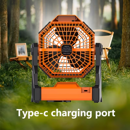 A portable outdoor camping fan with adjustable brightness, LED light strip hook, USB rechargeable, built-in 7800mAh battery for long battery life, 270° adjustable outdoor cooling fan, stepless speed change, silent, suitable for camping, terraces, pets, an