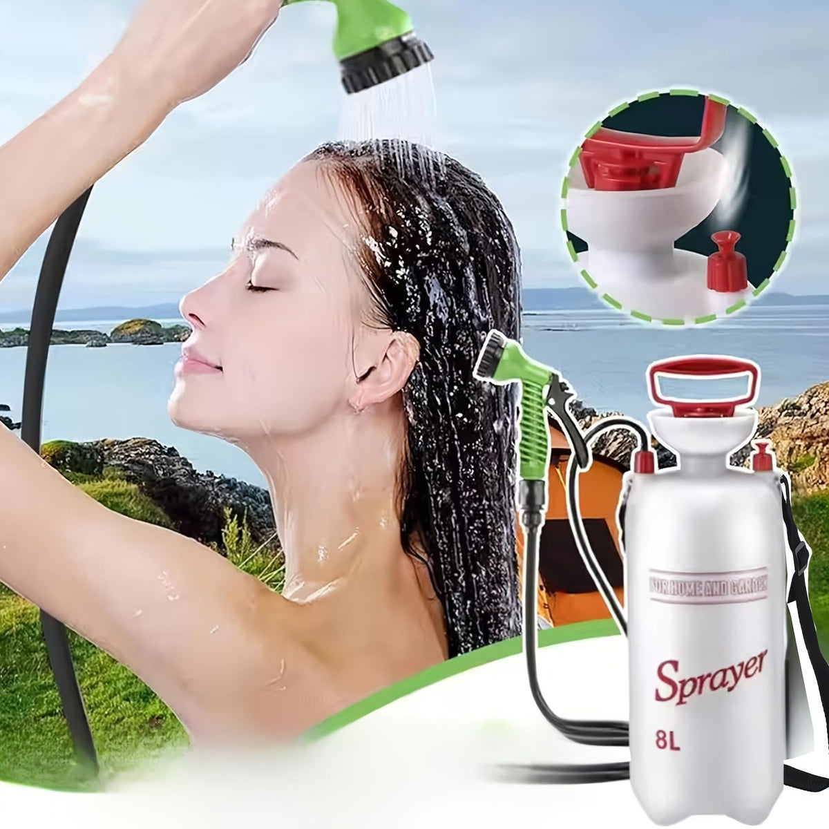 White Silver Gold portable camping shower, outdoor shower sprayer, 8L camping shower, high-quality camping gear, hand-pump shower, camping accessories, outdoor hygiene, travel shower, beach shower, hiking gear