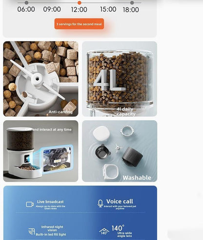 Smart Camera Pet Feeder with HD Camera, 4L Automatic Dog & Cat Food Dispenser with Wi-Fi, 2-Way Audio, Timer & Remote Control for Small/Medium Pets