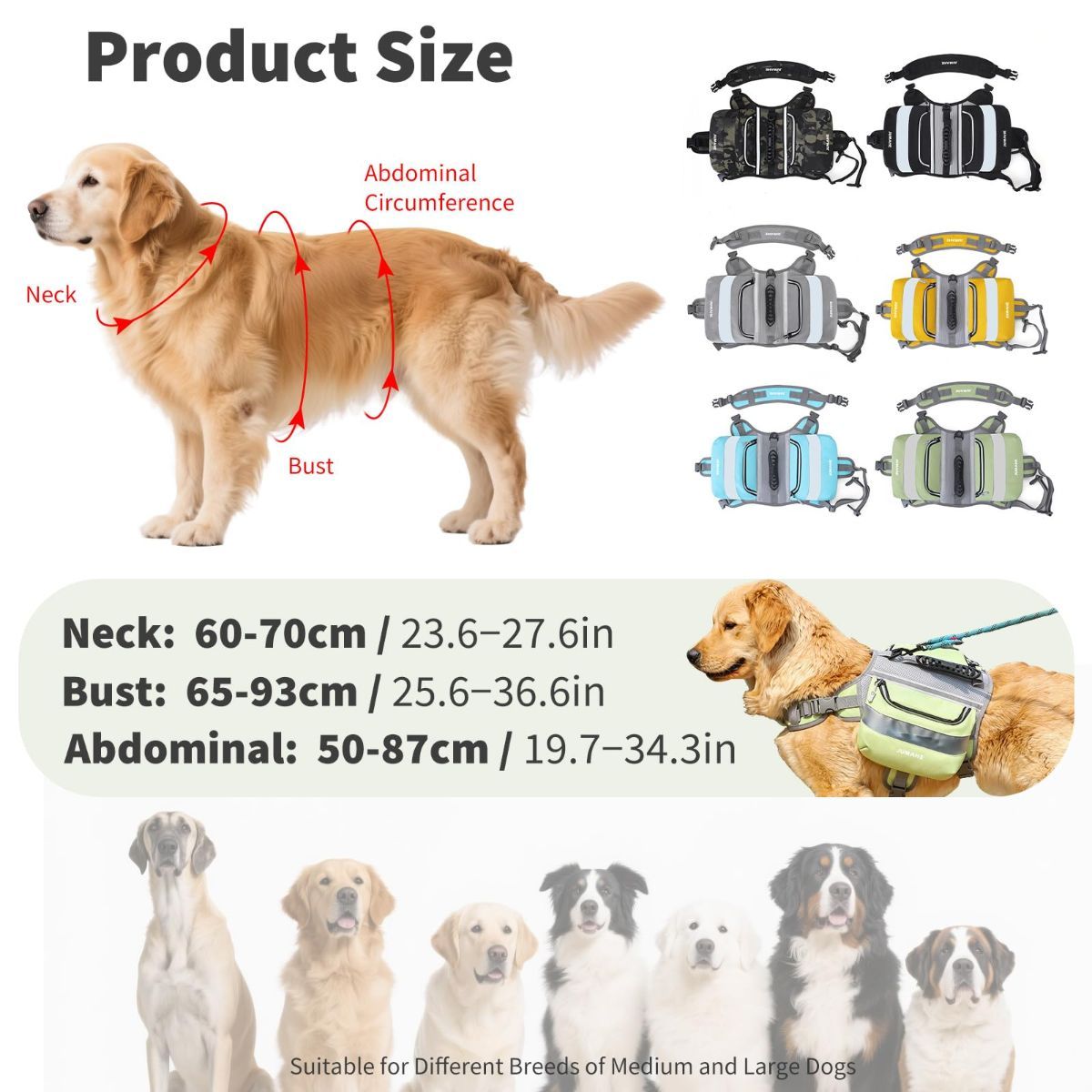 Dog Backpack for Medium & Large Dogs,Dog Pack Saddle Bag for Dogs for Hiking,Pet Backpack Harness with Reflective Strips,2 Capacious Side Pockets for Walking Running,Camouflage - Yellow - Size 2 Capacious Side Pockets