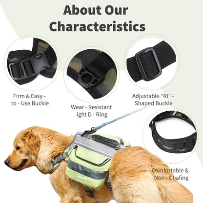 Dog Backpack for Medium & Large Dogs,Dog Pack Saddle Bag for Dogs for Hiking,Pet Backpack Harness with Reflective Strips,2 Capacious Side Pockets for Walking Running,Camouflage - Yellow - Size 2 Capacious Side Pockets