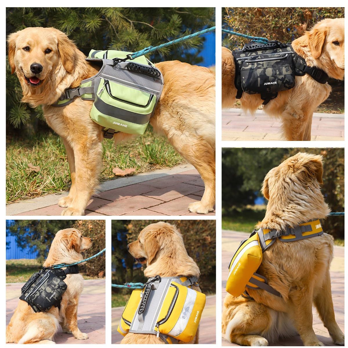 Dog Backpack for Medium & Large Dogs,Dog Pack Saddle Bag for Dogs for Hiking,Pet Backpack Harness with Reflective Strips,2 Capacious Side Pockets for Walking Running,Camouflage - Yellow - Size 2 Capacious Side Pockets