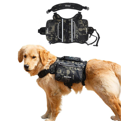 Dog Backpack for Medium & Large Dogs,Dog Pack Saddle Bag for Dogs for Hiking,Pet Backpack Harness with Reflective Strips,2 Capacious Side Pockets for Walking Running,Camouflage - Yellow - Size 2 Capacious Side Pockets