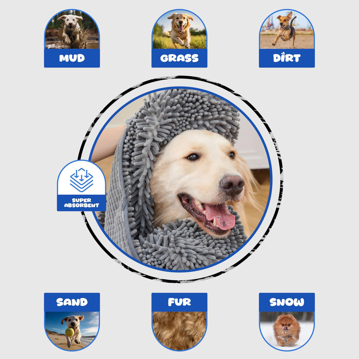 Dog Towel for Drying Dogs – Absorbent Microfiber Bath Towel with Hand Pockets, Super Absorbent & Fast Dry, Soft Microfiber, Fits Large & Small Dogs, Machine Washable & Reusable Pet Bath Towel（Gray）