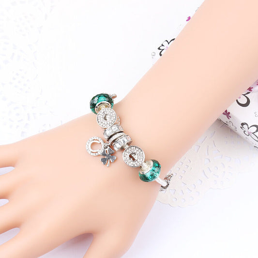 Charm Bracelet with Tortoise, Heart, Clover Pendant(Green,19cm)