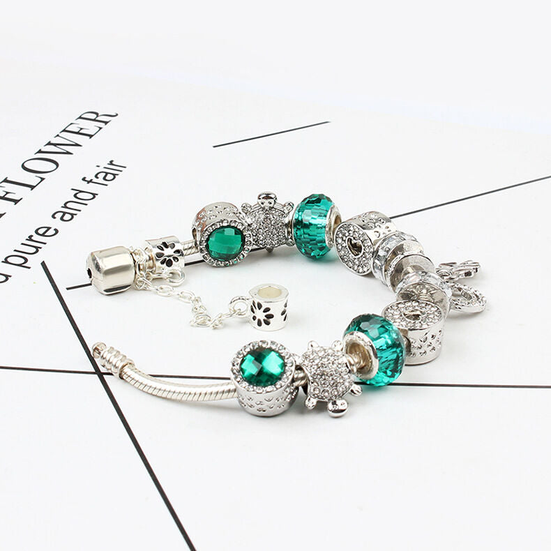 Charm Bracelet with Tortoise, Heart, Clover Pendant(Green,20cm)