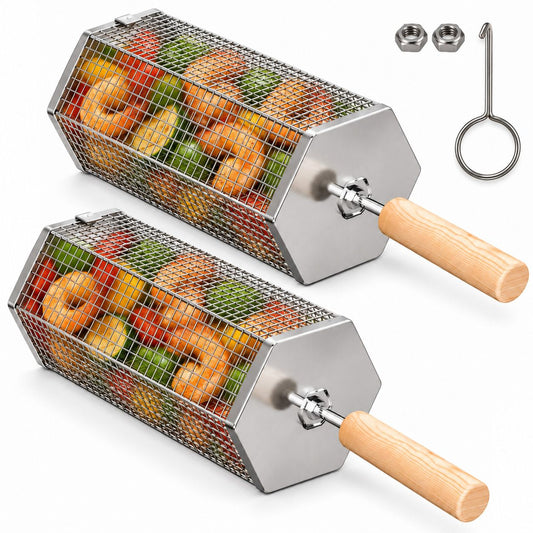 2Pcs Rolling Grill Basket with Removable Handle, 304 Stainless Steel BBQ Grilling Basket for Vegetables, Fish, Shrimp & Meat, Rotating Barbecue Cooking Basket for Outdoor Camping, Picnic & Backyard Grill