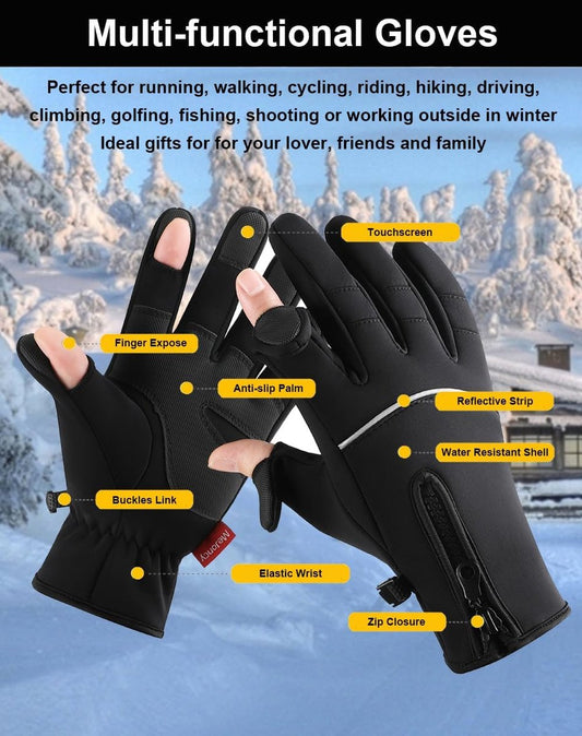 Men's and Women's Winter Gloves - 2-Finger Touchscreen Gloves - Running Gloves - Cycling Gloves - Driving Gloves - Warm Gloves - Winter Fishing Gloves - Black