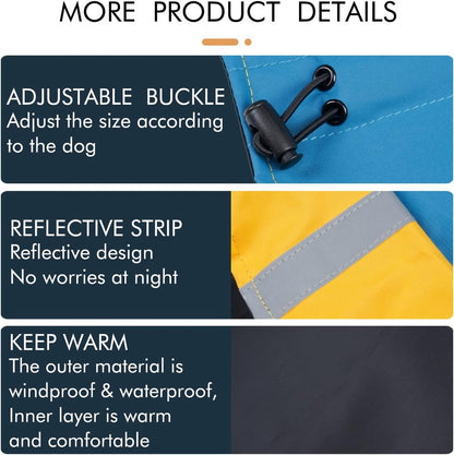Dog Raincoat - Dog Jacket - Waterproof Winter Dog Jackets - Windproof Dog Jacket - Winter Dog Jacket - Reflective Strip - Perfect for Small Dogs - Medium-Sized Dogs - Blue and Yellow - Size XXL