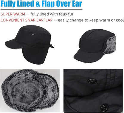 Beanie - Men's Beanie - Men's Winter Beanie - Warm Hats - With Ear Flaps - Ideal for Cold Weather - Faux Fur Lining - Unisex - Warmth - Winter - Sport - Outdoors - Gift Idea - Black