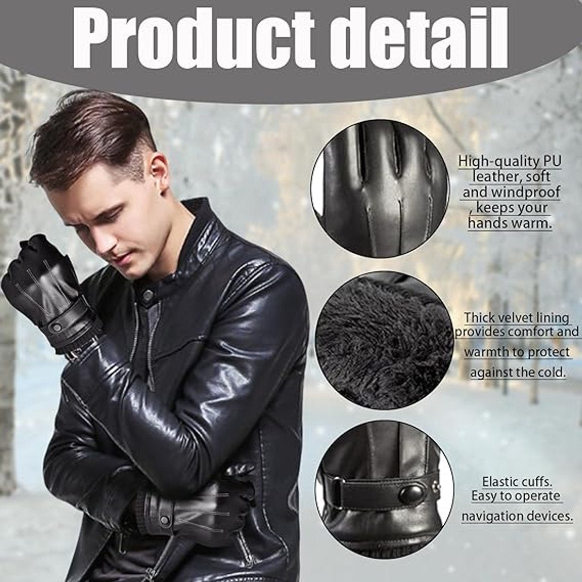 Winter Gloves - Men's Leather Winter Gloves - Black Lining - Warm Synthetic Leather - Touchscreen Compatible, Windproof and Anti-Slip - Perfect for Driving - Perfect for Christmas - Christmas Gift Idea