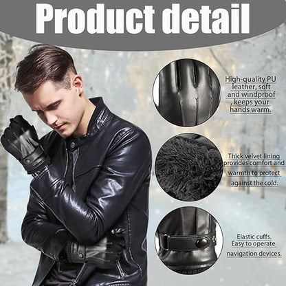 Winter Gloves - Men's Leather Winter Gloves - Black Lining - Warm Synthetic Leather - Touchscreen Compatible, Windproof and Anti-Slip - Perfect for Driving - Perfect for Christmas - Christmas Gift Idea