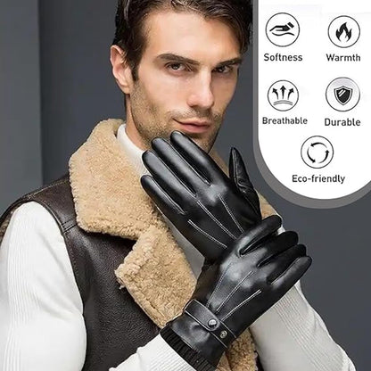 Winter Gloves - Men's Leather Winter Gloves - Black Lining - Warm Synthetic Leather - Touchscreen Compatible, Windproof and Anti-Slip - Perfect for Driving - Perfect for Christmas - Christmas Gift Idea