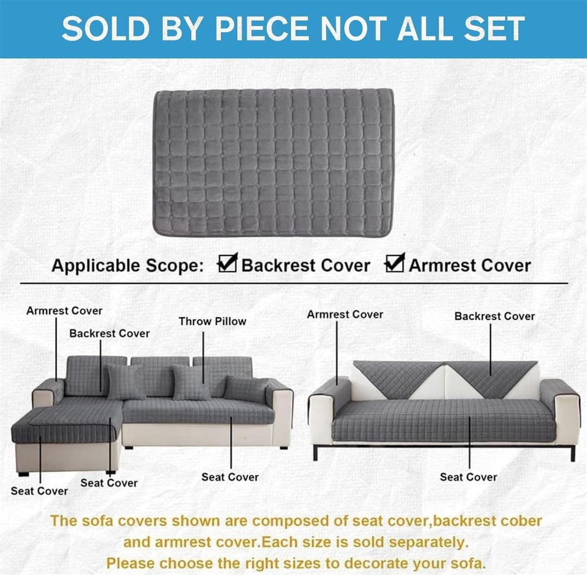 Sofa cover - Corner sofa cover - Flannel sofa cover - Winter sofa cover - Winter - Sofa cover - Corner sofa cover (1/2/3/4 seater) - L-shaped sofa cover - Grey - 70 x 90 cm