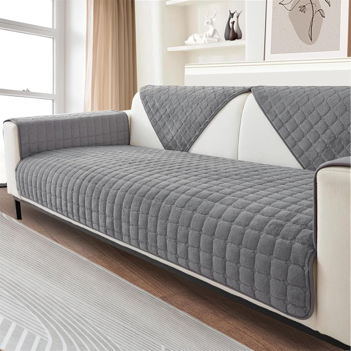 Sofa cover - Corner sofa cover - Flannel sofa cover - Winter - Winter sofa cover - Sofa cover - Corner sofa cover (1/2/3/4 seater) - L-shaped sofa cover - Grey - 90 x 90 cm