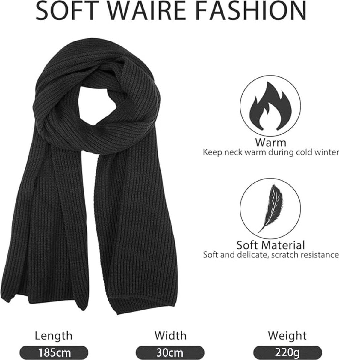 Knitted Scarf for Women & Men - Warm Winter Scarf - Small Scarf - Unisex - Oblong Scarf - Wool Scarf - Winter Warm & Soft - Men's Scarf - Women's Scarf - Finely Woven Scarf - Classic Scarf - Deep Red - 185 X 30 Cm