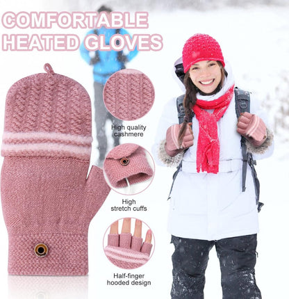 Heated Gloves - USB Heated Mittens - Heated Gloves - Electric Winter Gloves - Knitted Heated Gloves - Waterproof - Windproof - USB Rechargeable - Electrically Heated - One Size - Unisex - Winter Gift - Pink