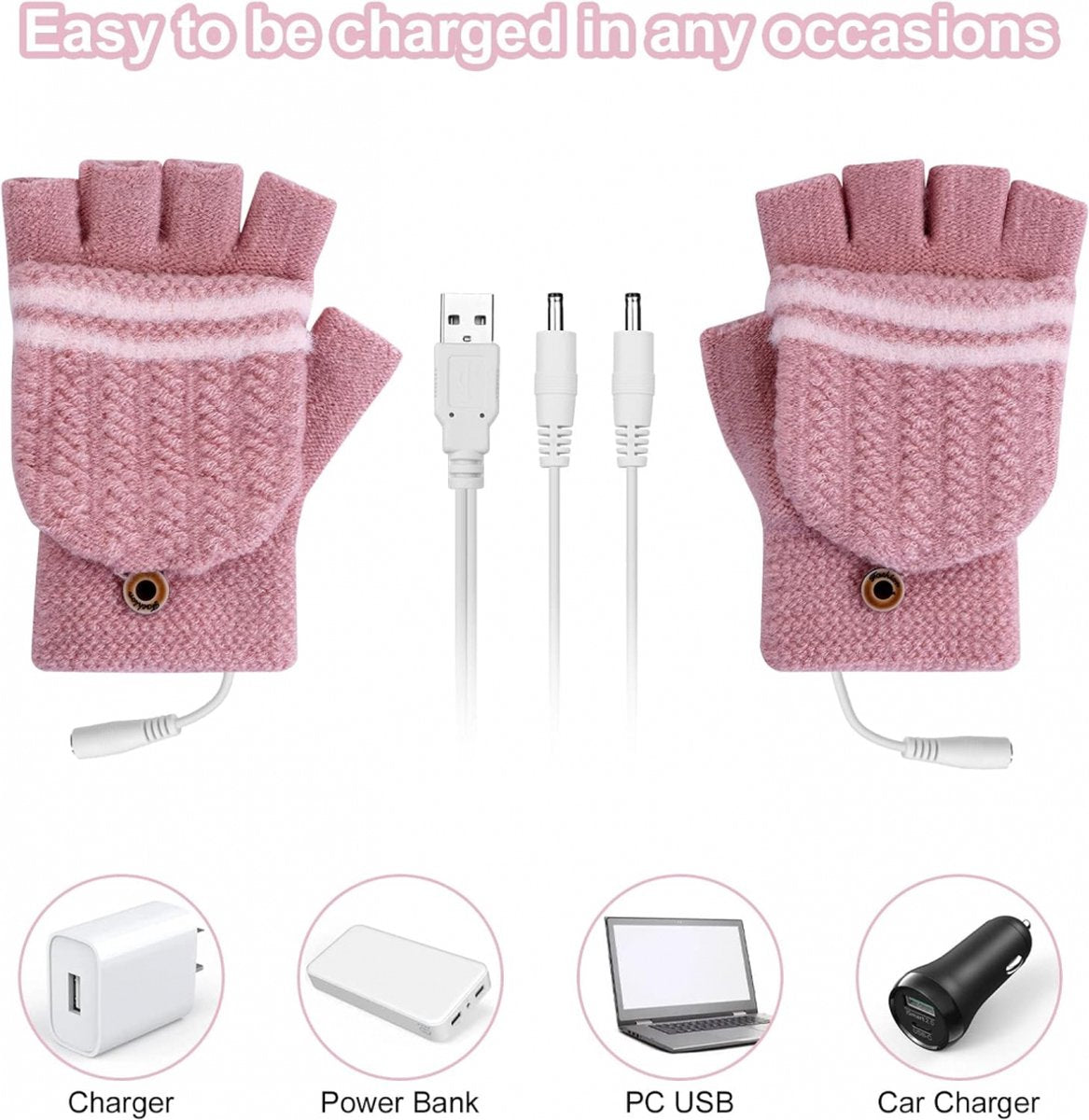 Heated Gloves - USB Heated Mittens - Heated Gloves - Electric Winter Gloves - Knitted Heated Gloves - Waterproof - Windproof - USB Rechargeable - Electrically Heated - One Size - Unisex - Winter Gift - Pink