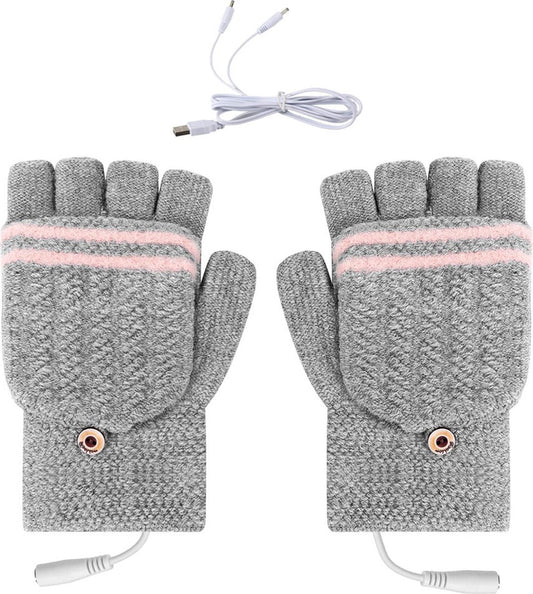 Heated Gloves - USB Heated Mittens - Heated Gloves - Electric Winter Gloves - Knitted Heated Gloves - Waterproof - Windproof - USB Rechargeable - Electrically Heated - One Size - Unisex - Winter Gift - Grey