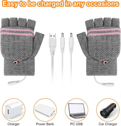 Heated Gloves - USB Heated Mittens - Heated Gloves - Electric Winter Gloves - Knitted Heated Gloves - Waterproof - Windproof - USB Rechargeable - Electrically Heated - One Size - Unisex - Winter Gift - Grey