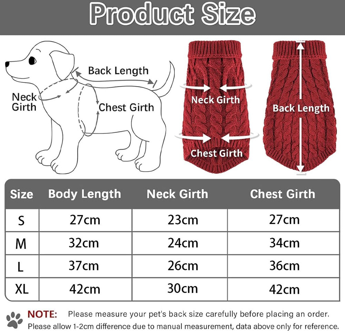 Dog Sweater - Puppy Soft Turtleneck - Size M - Back Length 30cm - Dog Bodywarmer - Dog Coat - Winter Dog Cardigan - For Small to Medium Dogs and Cats - Knitted Clothing - Winter Dog Clothing - Sweater - Christmas Gifts for Pets - Red