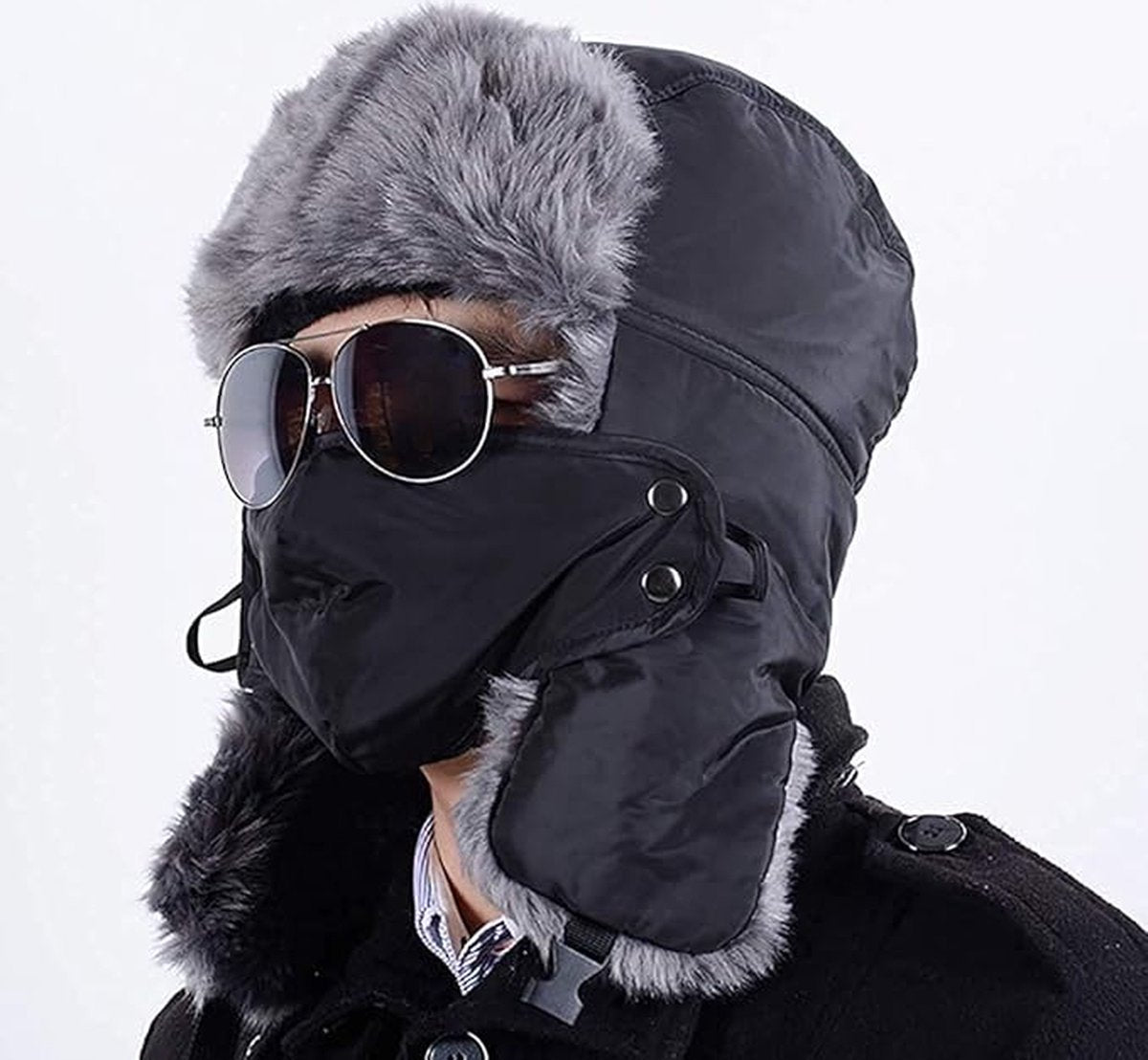 Winter Trapper Hat - Winter Hat Keeps Warm - Cotton Hat - Windproof Warm - For Snowboarding Skating Cycling - Soft Comfortable With Elastic - 3 In 1 - With Warm Ear Flap - Black - Size 55-60cm
