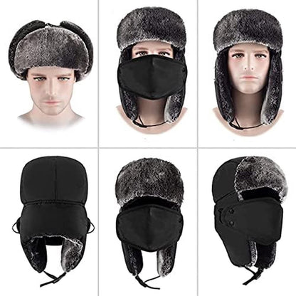 Winter Trapper Hat - Winter Hat Keeps Warm - Cotton Hat - Windproof Warm - For Snowboarding Skating Cycling - Soft Comfortable With Elastic - 3 In 1 - With Warm Ear Flap - Black - Size 55-60cm